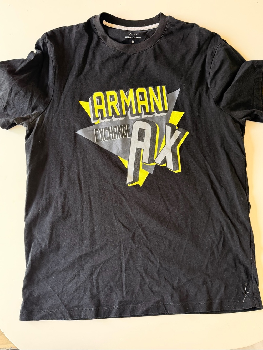 Armani Exchange Black Short-Sleeve Graphic Logo Tee with Yellow & Gray Accents